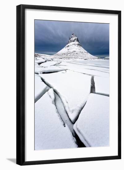 Winter View over Slabs of Broken Lake Ice Covered in Snow Towards Kirkjufell (Church Mountain)-Lee Frost-Framed Photographic Print