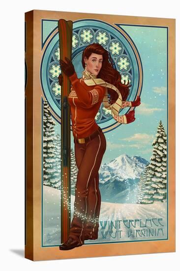 Winterplace, West Virginia - Art Nouveau Skier-Lantern Press-Stretched Canvas