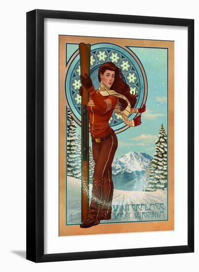 Winterplace, West Virginia - Art Nouveau Skier-Lantern Press-Framed Art Print