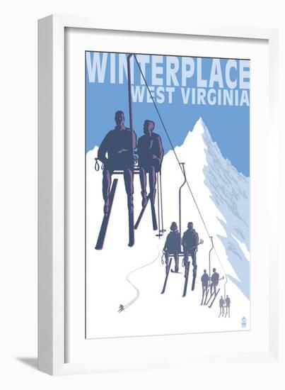 Winterplace, West Virginia - Skiers on Lift-Lantern Press-Framed Art Print