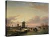 Wintery River Landscape with Skaters and Windmills-Jan Josef Spohler-Stretched Canvas