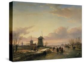 Wintery River Landscape with Skaters and Windmills-Jan Josef Spohler-Stretched Canvas