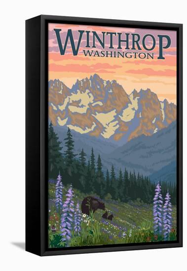 Winthrop, Washington - Bear Family and Spring Flowers-Lantern Press-Framed Stretched Canvas