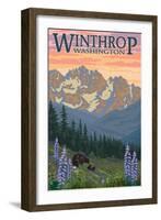 Winthrop, Washington - Bear Family and Spring Flowers-Lantern Press-Framed Art Print