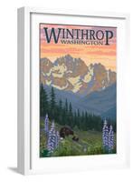 Winthrop, Washington - Bear Family and Spring Flowers-Lantern Press-Framed Art Print