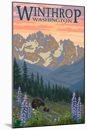 Winthrop, Washington - Bear Family and Spring Flowers-Lantern Press-Mounted Art Print