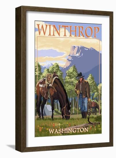Winthrop, Washington - Cowboy and Horse in Spring-Lantern Press-Framed Art Print