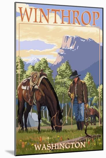 Winthrop, Washington - Cowboy and Horse in Spring-Lantern Press-Mounted Art Print