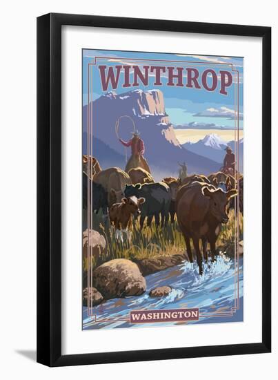 Winthrop, Washington - Cowboy Cattle Drive Scene-Lantern Press-Framed Art Print