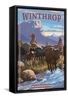 Winthrop, Washington - Cowboy Cattle Drive Scene-Lantern Press-Framed Stretched Canvas