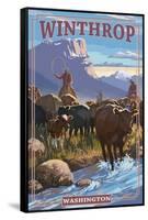 Winthrop, Washington - Cowboy Cattle Drive Scene-Lantern Press-Framed Stretched Canvas