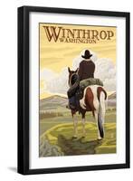 Winthrop, Washington - Cowboy on Horseback-Lantern Press-Framed Art Print