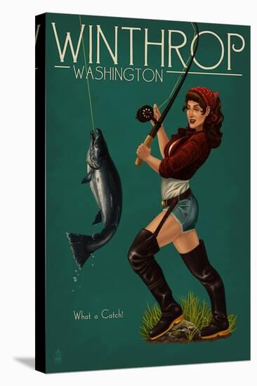 Winthrop, Washington - Pinup Girl Fishing-Lantern Press-Stretched Canvas
