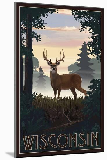 Wisconsin - Deer and Sunrise-Lantern Press-Mounted Art Print