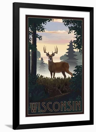 Wisconsin - Deer and Sunrise-Lantern Press-Framed Art Print