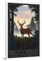 Wisconsin - Deer and Sunrise-Lantern Press-Framed Art Print