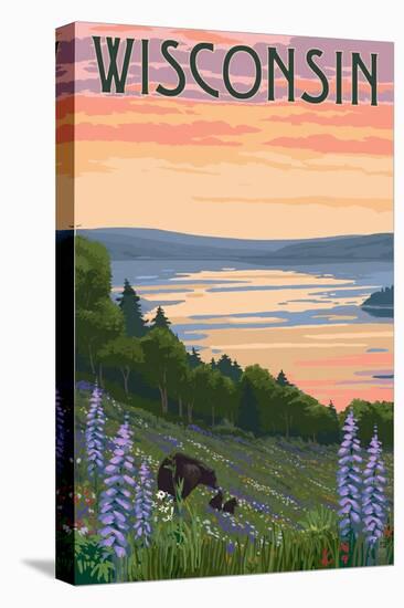 Wisconsin - Lake and Bear Family-Lantern Press-Stretched Canvas