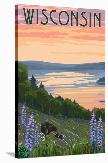 Wisconsin - Lake and Bear Family-Lantern Press-Stretched Canvas