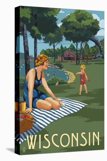 Wisconsin - Lake and Picnic Scene-Lantern Press-Stretched Canvas