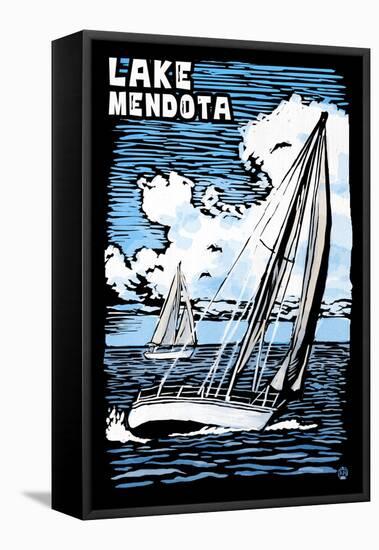 Wisconsin - Lake Mendota - Sailboat - Scratchboard-Lantern Press-Framed Stretched Canvas