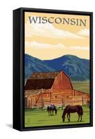 Wisconsin - Red Barn and Horses-Lantern Press-Framed Stretched Canvas