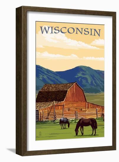 Wisconsin - Red Barn and Horses-Lantern Press-Framed Art Print