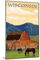 Wisconsin - Red Barn and Horses-Lantern Press-Mounted Art Print