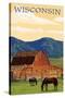 Wisconsin - Red Barn and Horses-Lantern Press-Stretched Canvas