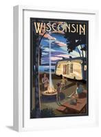 Wisconsin - Retro Camper and Lake-Lantern Press-Framed Art Print