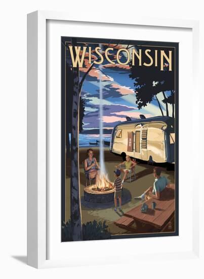 Wisconsin - Retro Camper and Lake-Lantern Press-Framed Art Print