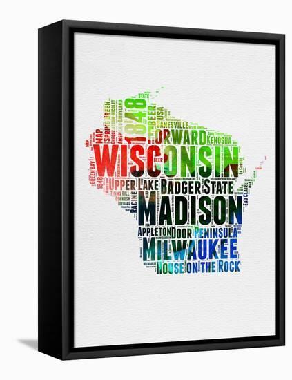 Wisconsin Watercolor Word Cloud-NaxArt-Framed Stretched Canvas