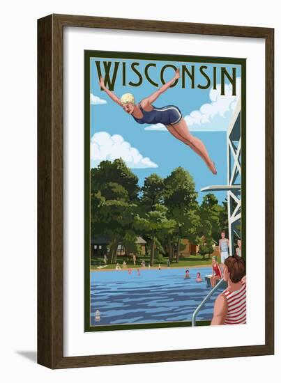 Wisconsin - Woman Diving and Lake-Lantern Press-Framed Art Print