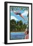 Wisconsin - Woman Diving and Lake-Lantern Press-Framed Art Print