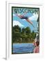 Wisconsin - Woman Diving and Lake-Lantern Press-Framed Art Print