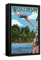 Wisconsin - Woman Diving and Lake-Lantern Press-Framed Stretched Canvas