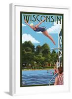 Wisconsin - Woman Diving and Lake-Lantern Press-Framed Art Print