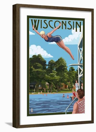 Wisconsin - Woman Diving and Lake-Lantern Press-Framed Art Print