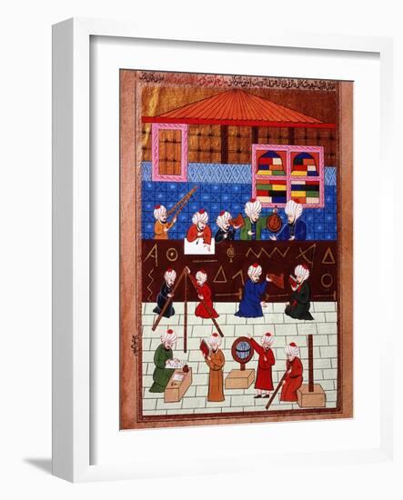 Wise Men and Astronomers in the Galata Observation Tower, Ottoman Minature, 16th century-null-Framed Giclee Print