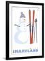Wisp, Maryland, Snowman with Skis-Lantern Press-Framed Art Print