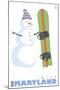Wisp, Maryland, Snowman with Snowboard-Lantern Press-Mounted Art Print