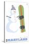 Wisp, Maryland, Snowman with Snowboard-Lantern Press-Stretched Canvas