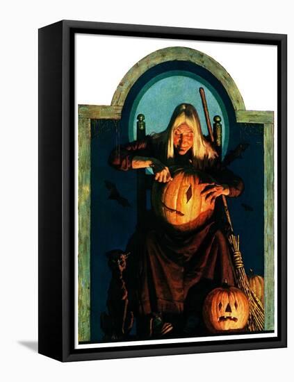 "Witch Carving Pumpkin,"October 27, 1928-Frederic Stanley-Framed Stretched Canvas