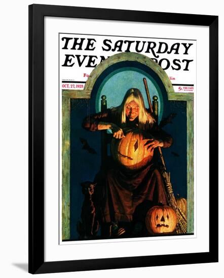 "Witch Carving Pumpkin," Saturday Evening Post Cover, October 27, 1928-Frederic Stanley-Framed Giclee Print