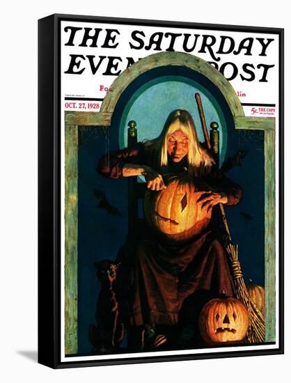 "Witch Carving Pumpkin," Saturday Evening Post Cover, October 27, 1928-Frederic Stanley-Framed Stretched Canvas