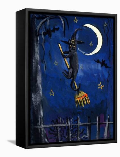 Witch Cat on Broom Halloween-sylvia pimental-Framed Stretched Canvas