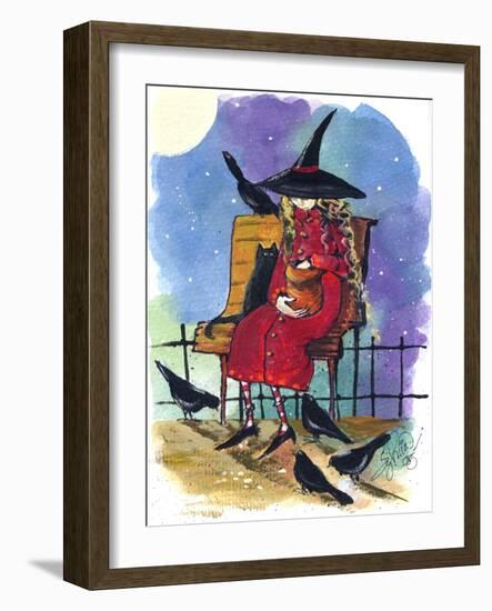 Witch feeding Crows Halloween-sylvia pimental-Framed Art Print