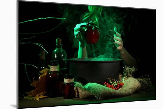 Witch in Scary Halloween Laboratory on Dark Color Background-Yastremska-Mounted Photographic Print