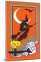Witch Silhouette with Bat and Jack O'Lantern-null-Mounted Art Print