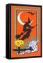 Witch Silhouette with Bat and Jack O'Lantern-null-Framed Stretched Canvas