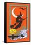 Witch Silhouette with Bat and Jack O'Lantern-null-Framed Stretched Canvas